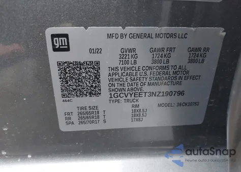 2022 Chevrolet Silverado 1500 Ltd 4Wd Standard Bed Rst z USA, uszkodzony, nr VIN 1GCVYEET3NZ190796